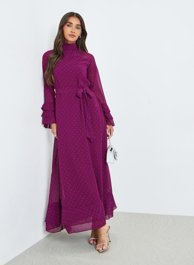 ستايلي فستان طويل بأكمام مكشكشة وتفاصيل مرصعة - Image 5